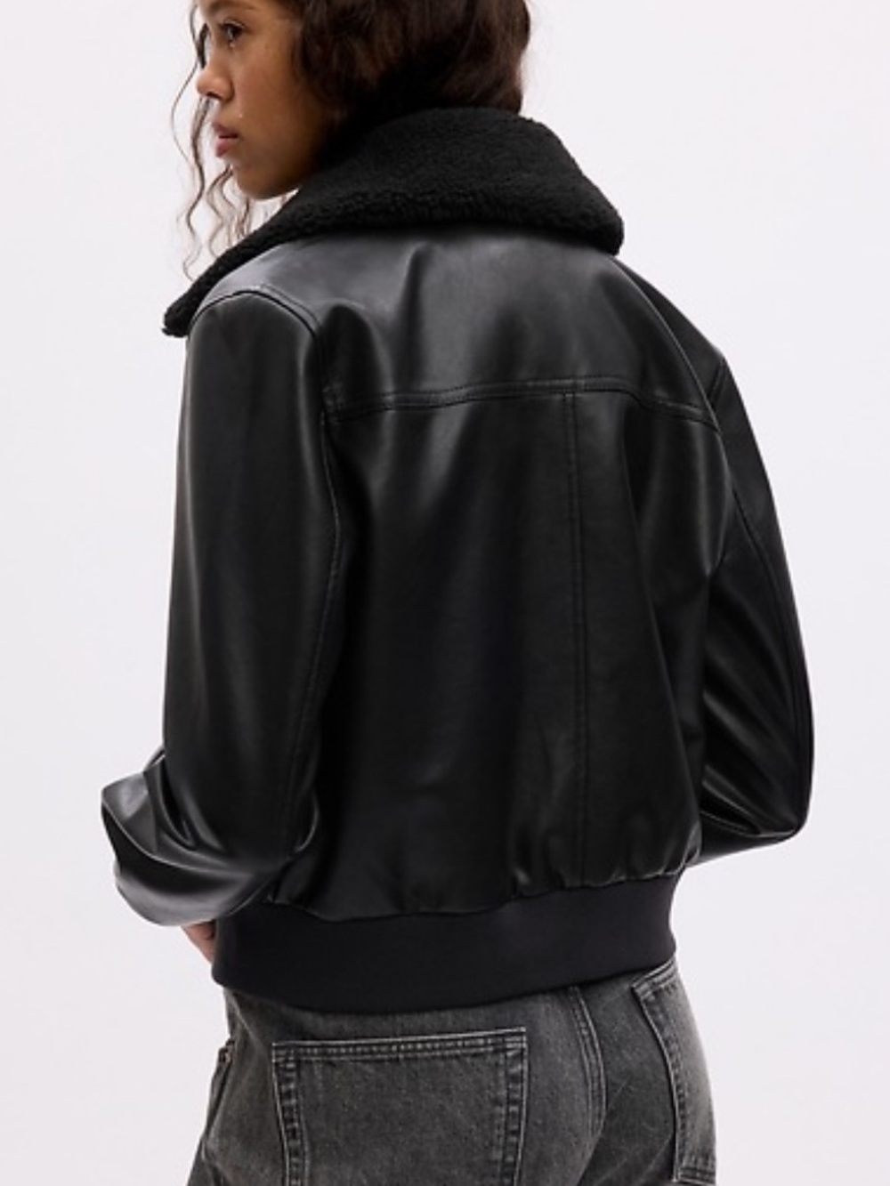 GAP Black Vegan Leather Flight Jacket with Shearling Collar - Picture 2 of 16